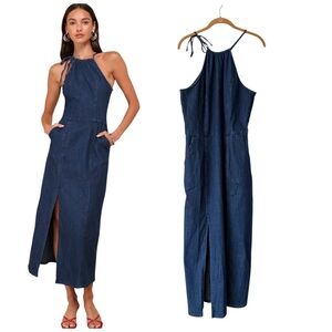 FORE Era Dark Wash Denim Halter Midi Dress Pockets Jean Dress Dark Blue Large